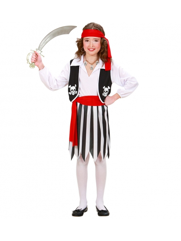 Déguisement Pirate fille blanc, noir et rouge (chemise avec gilet, jupe, ceinture, bandeau)