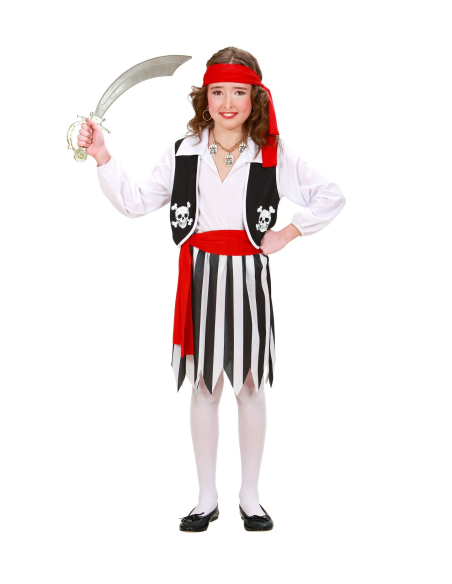Déguisement Pirate fille blanc, noir et rouge (chemise avec gilet, jupe, ceinture, bandeau)