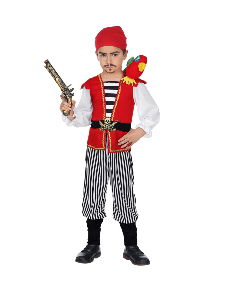 Déguisement pirate enfant (chemise avec gilet et ceinture, pantalon, perroquet, bandana)