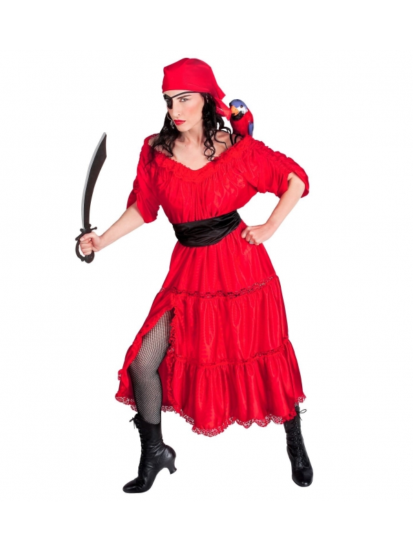 Déguisement corsaire femme rouge (robe, ceinture, bandana, cache-oeil)