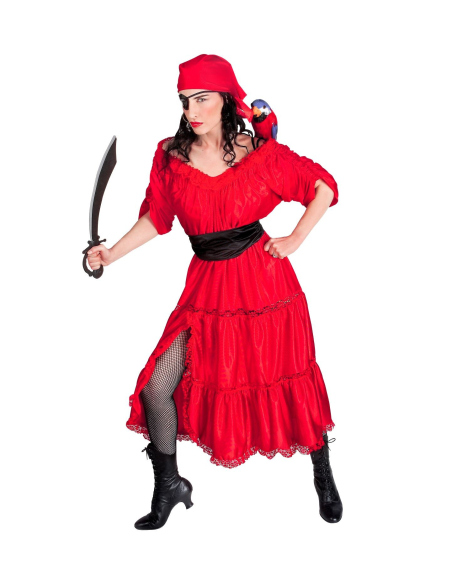 Déguisement corsaire femme rouge (robe, ceinture, bandana, cache-oeil)