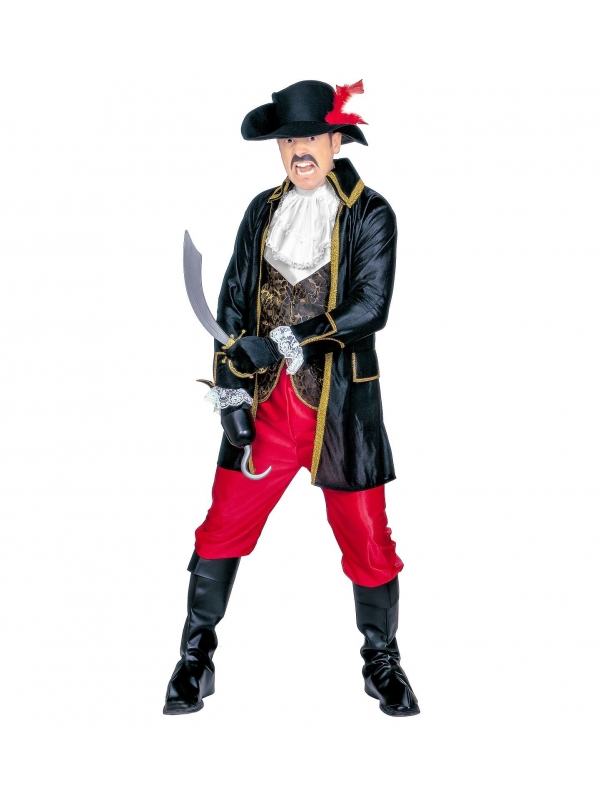 Déguisement Pirate Boucanier Homme (par dessus, veste, gilet, jabot, pantalon, sur-bottes, chapeau avec plume)