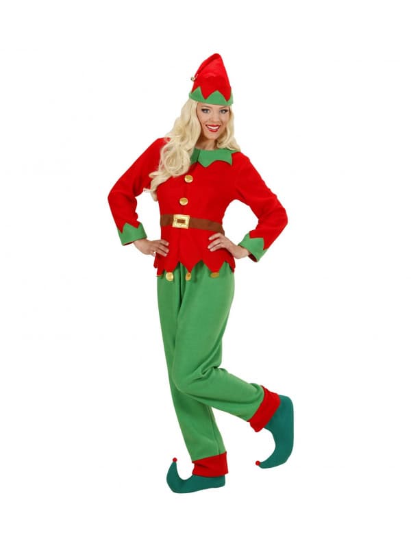 Déguisement femme elfe rouge et vert (casaque avec ceinture, pantalon, chapeau)