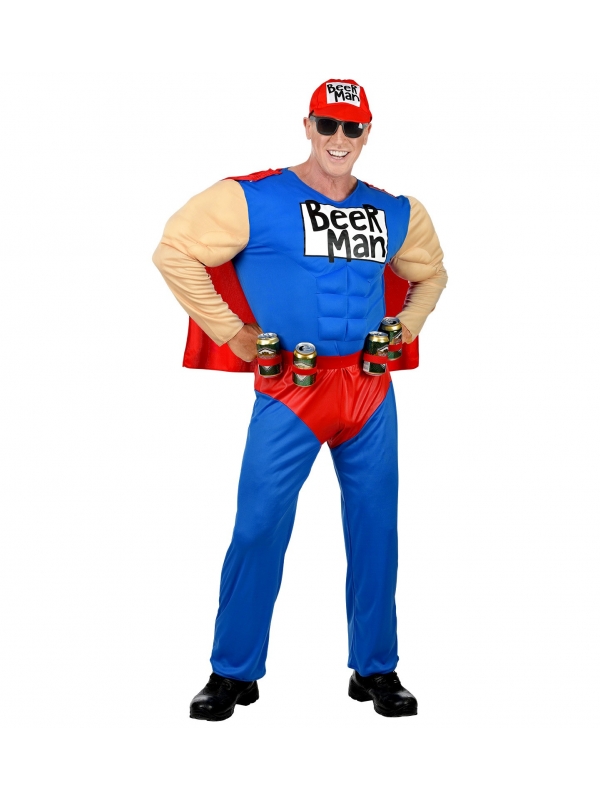 Déguisement Super Beer Man Homme (combinaison de muscle avec cap, ceinture avec canettes, casquette)
