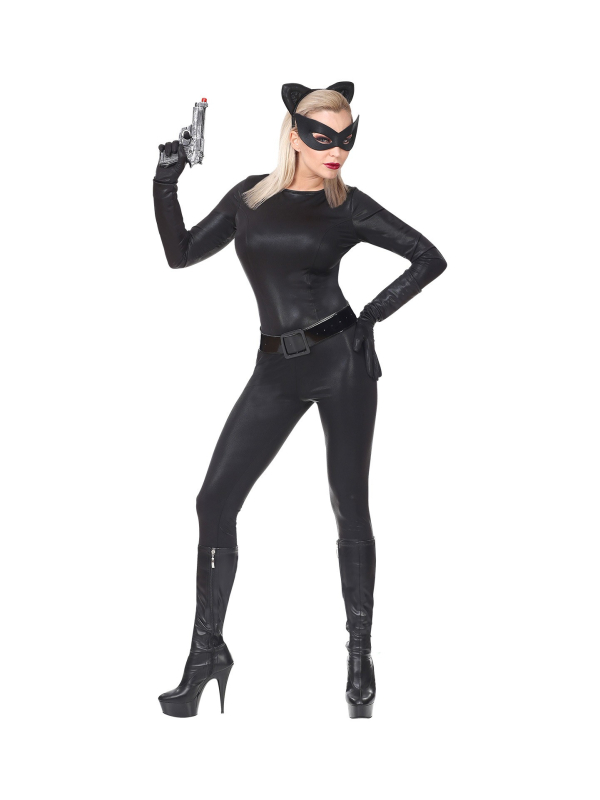 Déguisement super cat femme, noir (combinaison, gants, oreilles, masque)