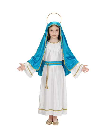 Déguisement Vierge Marie enfant bleu et blanc (tunique, ceinture, coiffe, auréole)