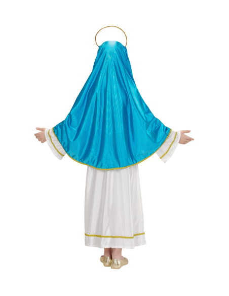 Déguisement Vierge Marie enfant bleu et blanc (tunique, ceinture, coiffe, auréole)