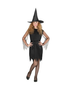 Déguisement Sorcière noire fille (robe courte, ceinture, chapeau) 2