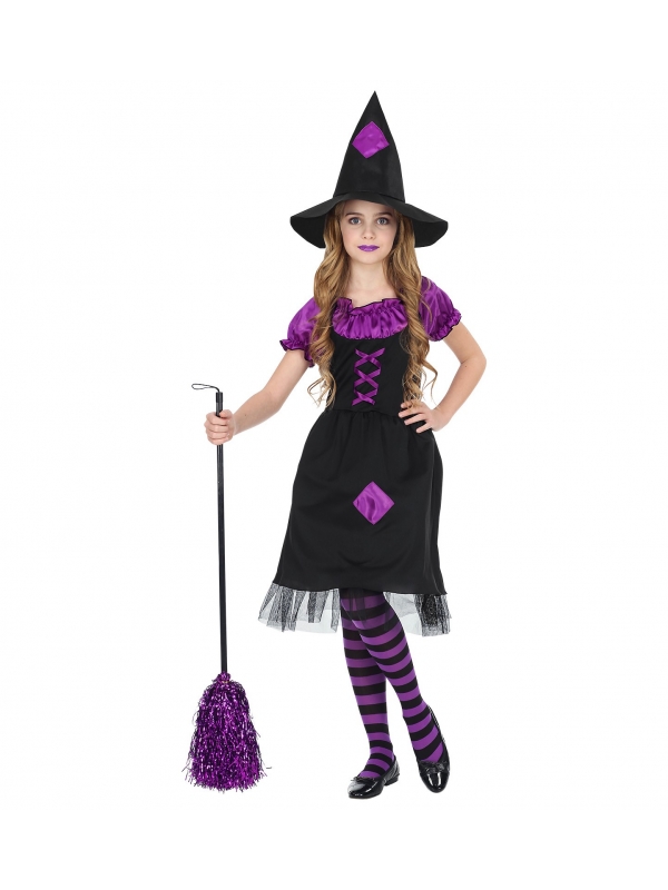 Déguisement Sorcière Fille noir et violet (robe avec jupon crinoline, chapeau)