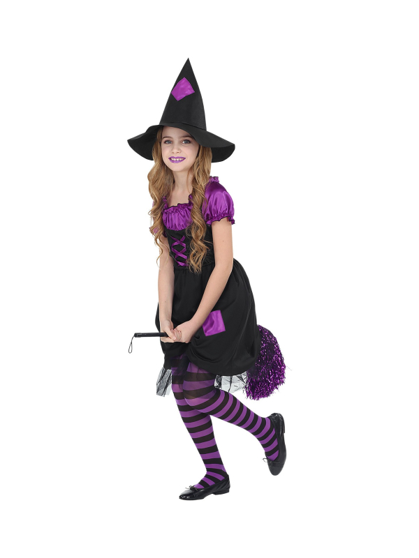 Déguisement Sorcière Fille noir et violet (robe avec jupon crinoline, chapeau)