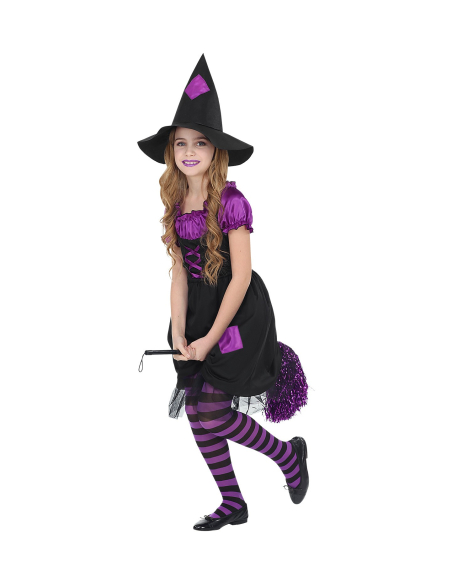 Déguisement Sorcière Fille noir et violet (robe avec jupon crinoline, chapeau)