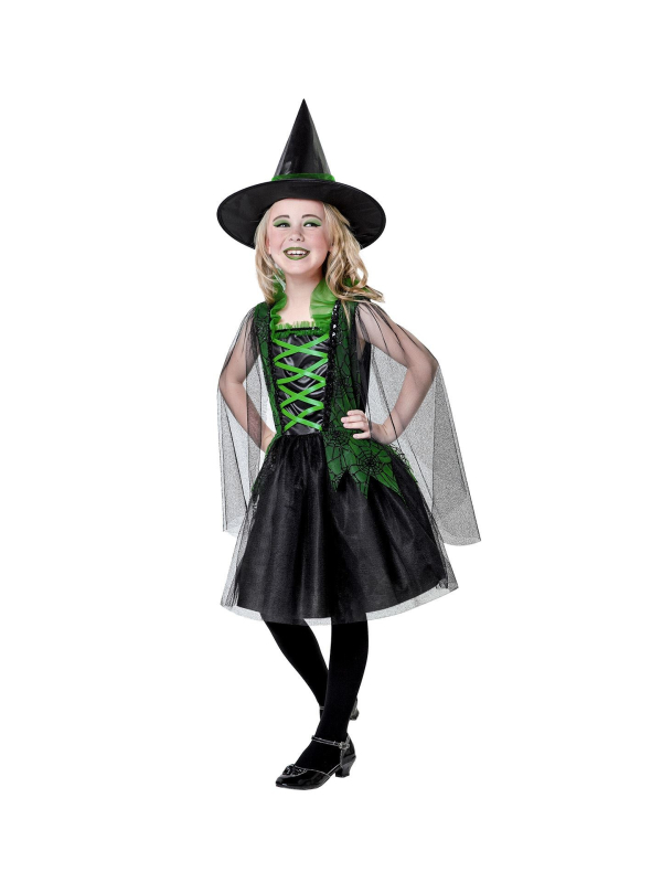 Déguisement Sorcière noir et vert enfant (robe, chapeau)