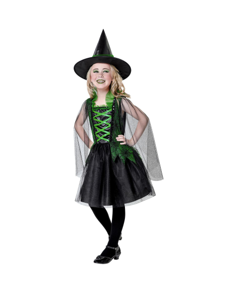 Déguisement Sorcière noir et vert enfant (robe, chapeau)