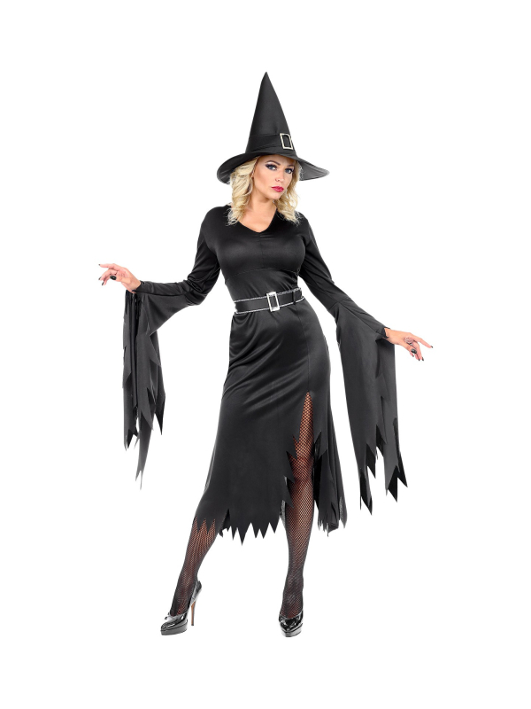 Déguisement Sorcière femme noir (robe, ceinture, chapeau)