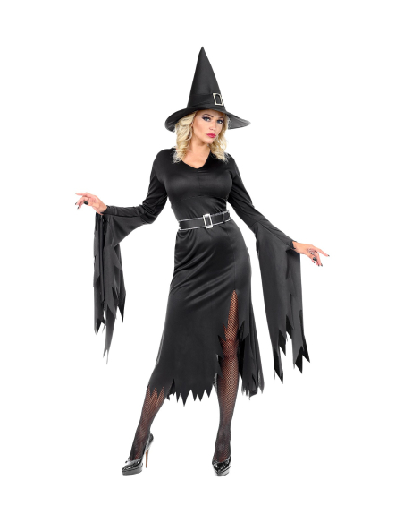 Déguisement Sorcière femme noir (robe, ceinture, chapeau)