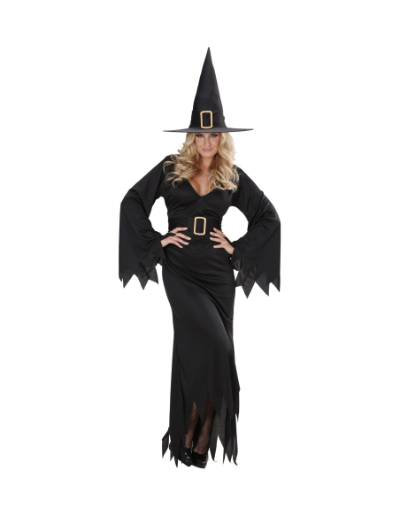 Déguisement sorcière (robe longue noire, ceinture, chapeau)