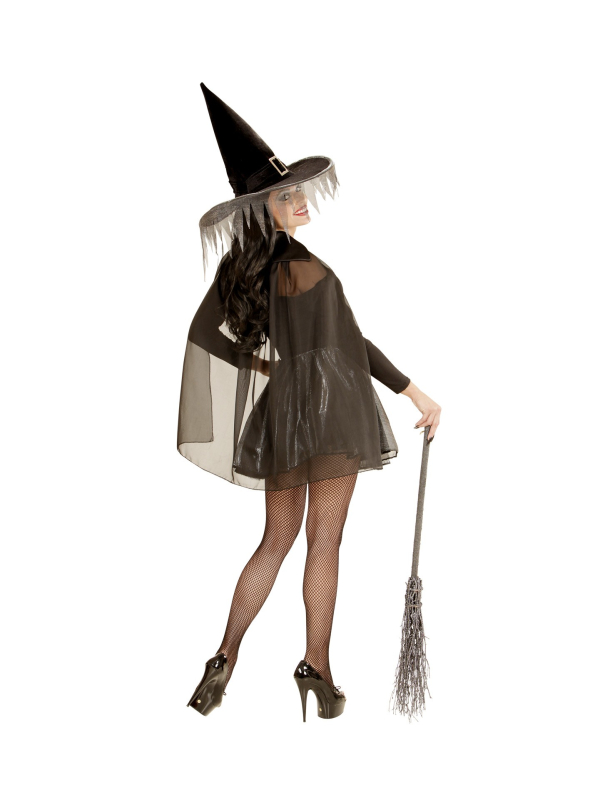 Déguisement Sorcière Femme noir, lueur argenté (haut, jupe, cape, chapeau)