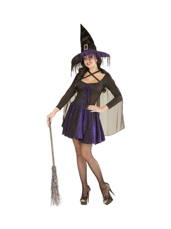 Déguisement Sorcière Femme noir, lueur pourpre (haut, jupe, cape, chapeau)