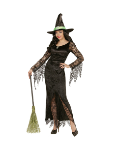 Déguisement sorcière, noir, femme (robe avec pierre, chapeau)