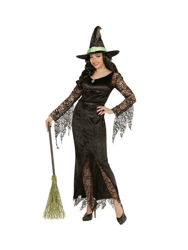 Déguisement sorcière, noir, femme (robe avec pierre, chapeau)