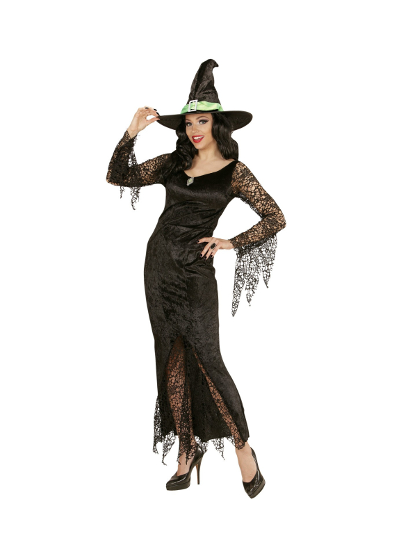 Déguisement sorcière, noir, femme (robe avec pierre, chapeau)