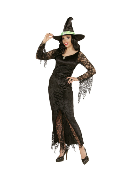 Déguisement sorcière, noir, femme (robe avec pierre, chapeau)