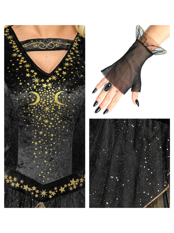 Déguisement sorcière sexy de la lune (robe, mitaines, mini chapeau)