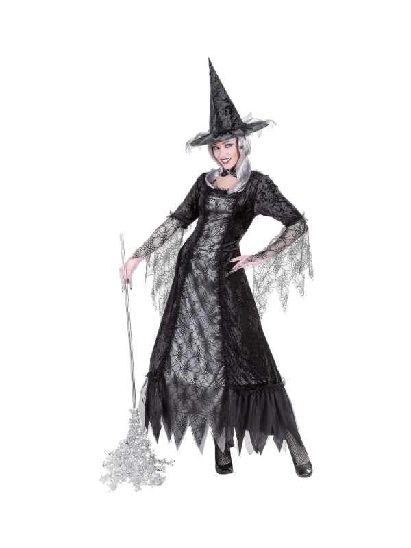 Déguisement sorcière toile d'araignée (robe à cerceau, chapeau)