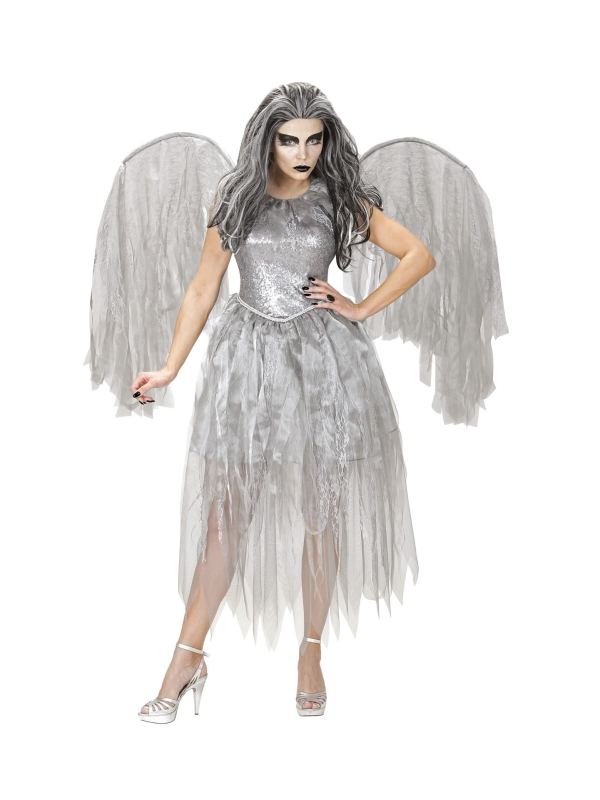 Déguisement ange sombre, femme, gris (robe, ailes)