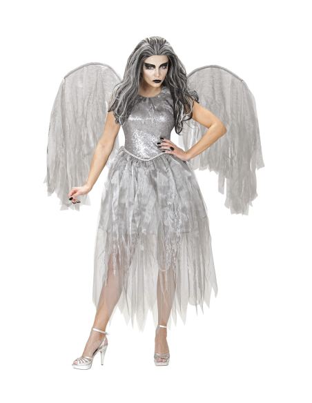 Déguisement ange sombre, femme, gris (robe, ailes)