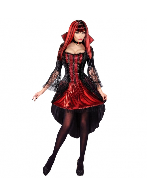 Costume Complet Vampire Femme Halloween - Robe Col Montant Rouge/noir Avec Collier, Boucles D'oreilles Et Dents