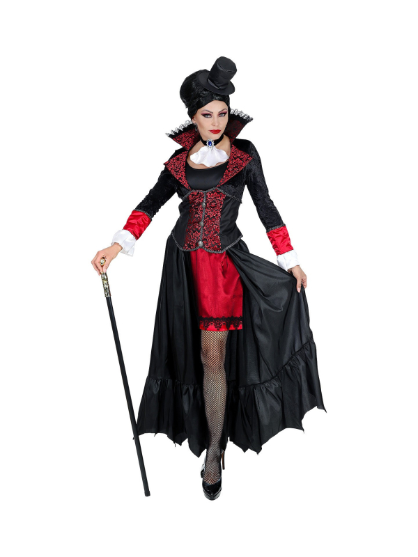 Costume femme vampire (robe longue, tour de cou avec jabot, mini haut-de-forme)