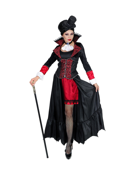 Costume femme vampire (robe longue, tour de cou avec jabot, mini haut-de-forme)