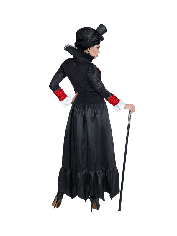 Costume femme vampire (robe longue, tour de cou avec jabot, mini haut-de-forme)