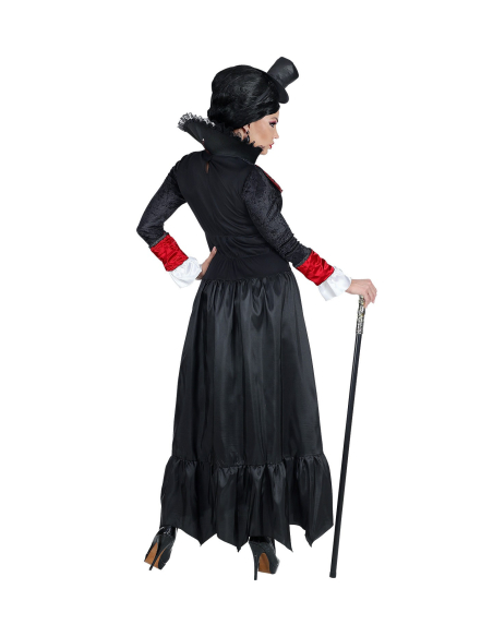 Costume femme vampire (robe longue, tour de cou avec jabot, mini haut-de-forme)