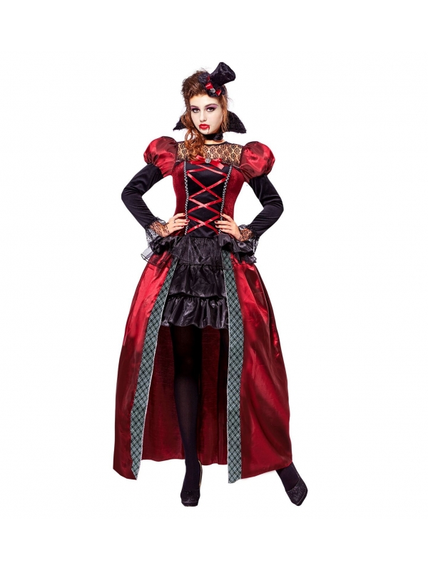Costume vampire victorienne rouge et noir en satin (robe, col, mini chapeau)