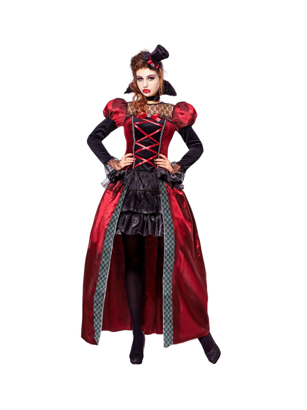 Costume vampire victorienne rouge et noir en satin (robe, col, mini chapeau)
