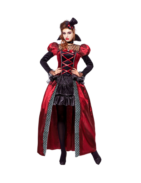 Costume vampire victorienne rouge et noir en satin (robe, col, mini chapeau)