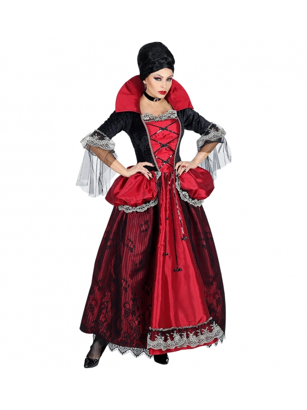 Déguisement marquise vampire rouge et noir (robe avec jupon crinoline, tour de cou)