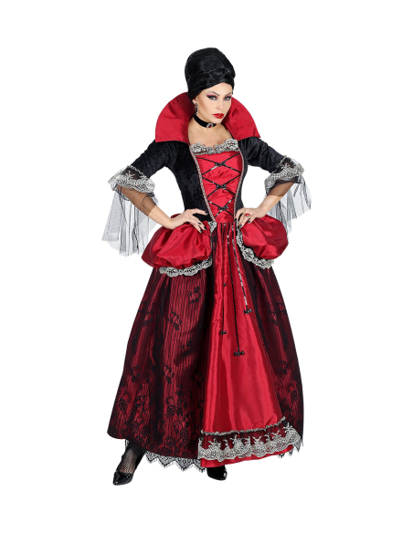 Déguisement marquise vampire rouge et noir (robe avec jupon crinoline, tour de cou)