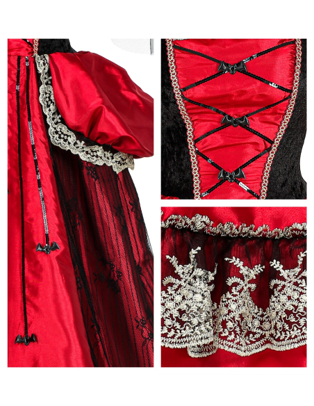 Déguisement marquise vampire rouge et noir (robe avec jupon crinoline, tour de cou)