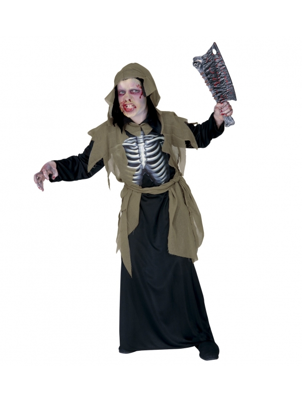 Déguisement Zombie garçon (tunique avec capuche, buste holographique avec os, ceinture)
