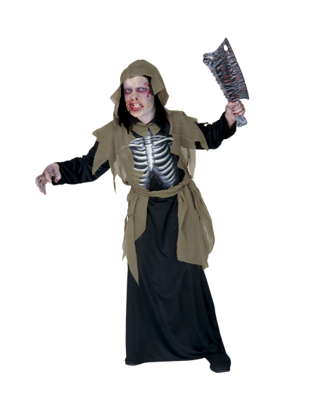 Déguisement Zombie garçon (tunique avec capuche, buste holographique avec os, ceinture)