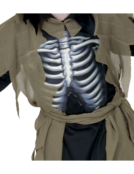 Déguisement Zombie garçon (tunique avec capuche, buste holographique avec os, ceinture)