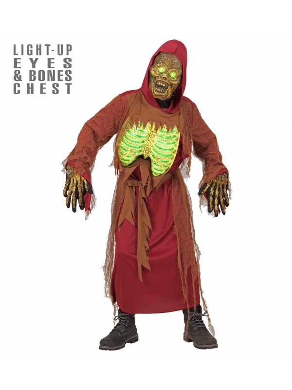 Déguisement squelette zombie enfant (tunique à capuche, ceinture, masque et torse lumineux)
