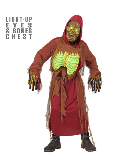 Déguisement squelette zombie enfant (tunique à capuche, ceinture, masque et torse lumineux)