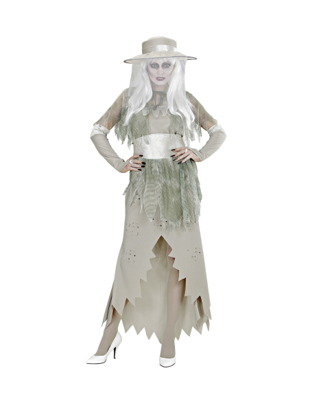 Déguisement femme, lady spectre gris (robe, chapeau, voilette, ceinture, gants)