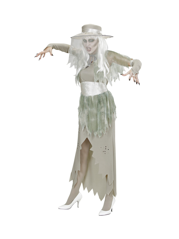 Déguisement femme, lady spectre gris (robe, chapeau, voilette, ceinture, gants)