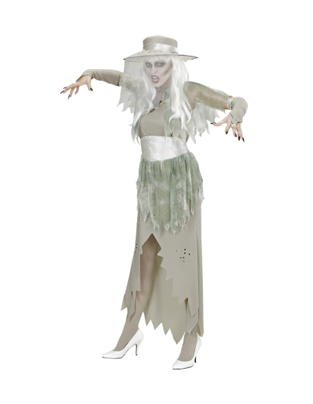 Déguisement femme, lady spectre gris (robe, chapeau, voilette, ceinture, gants)