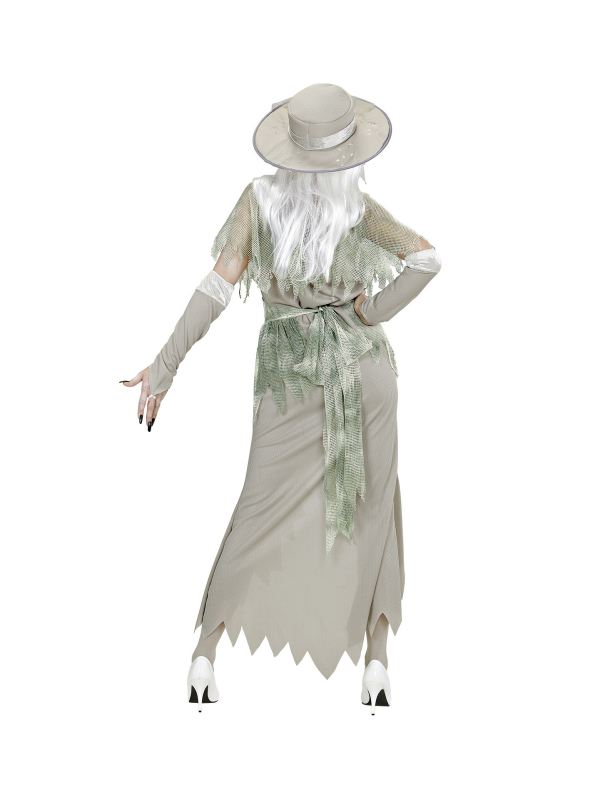 Déguisement femme, lady spectre gris (robe, chapeau, voilette, ceinture, gants)